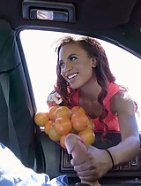 Ebony Demi Sutra is sucking the hard white cock in the car